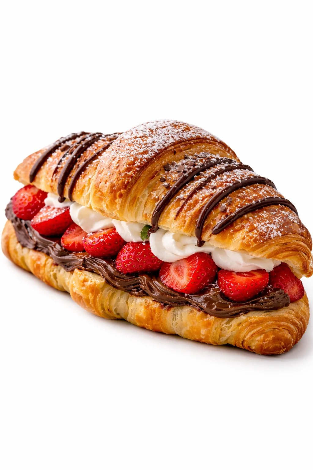 A croissant filled with chocolate cream, topped with fresh strawberries and whipped cream, drizzled with chocolate sauce and dusted with powdered sugar.