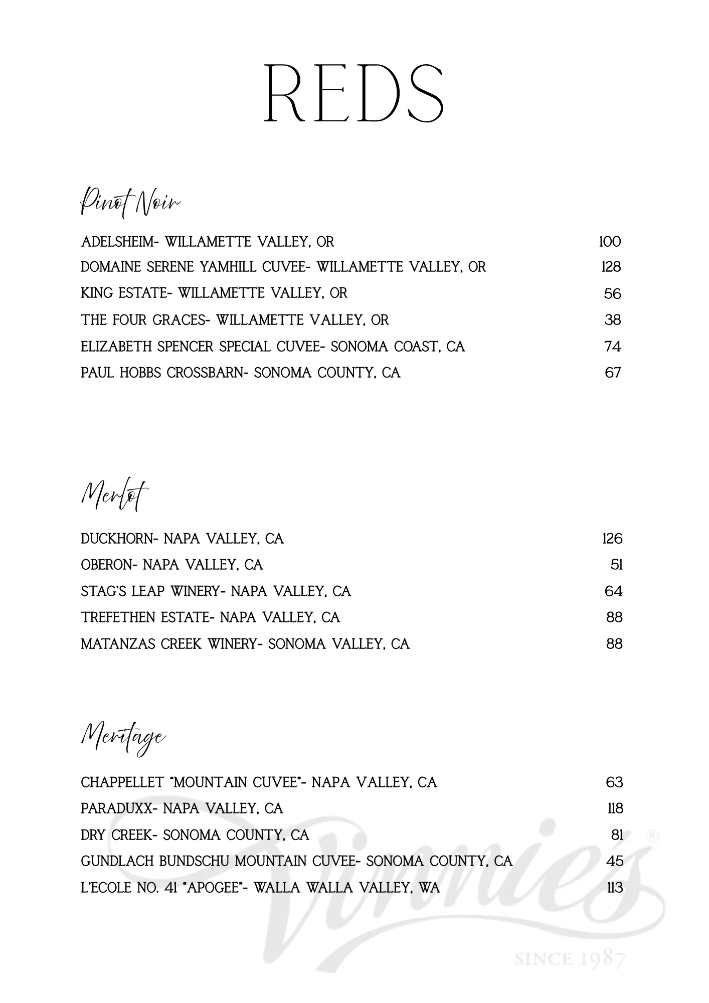 Wine list featuring various red wines from California and Oregon