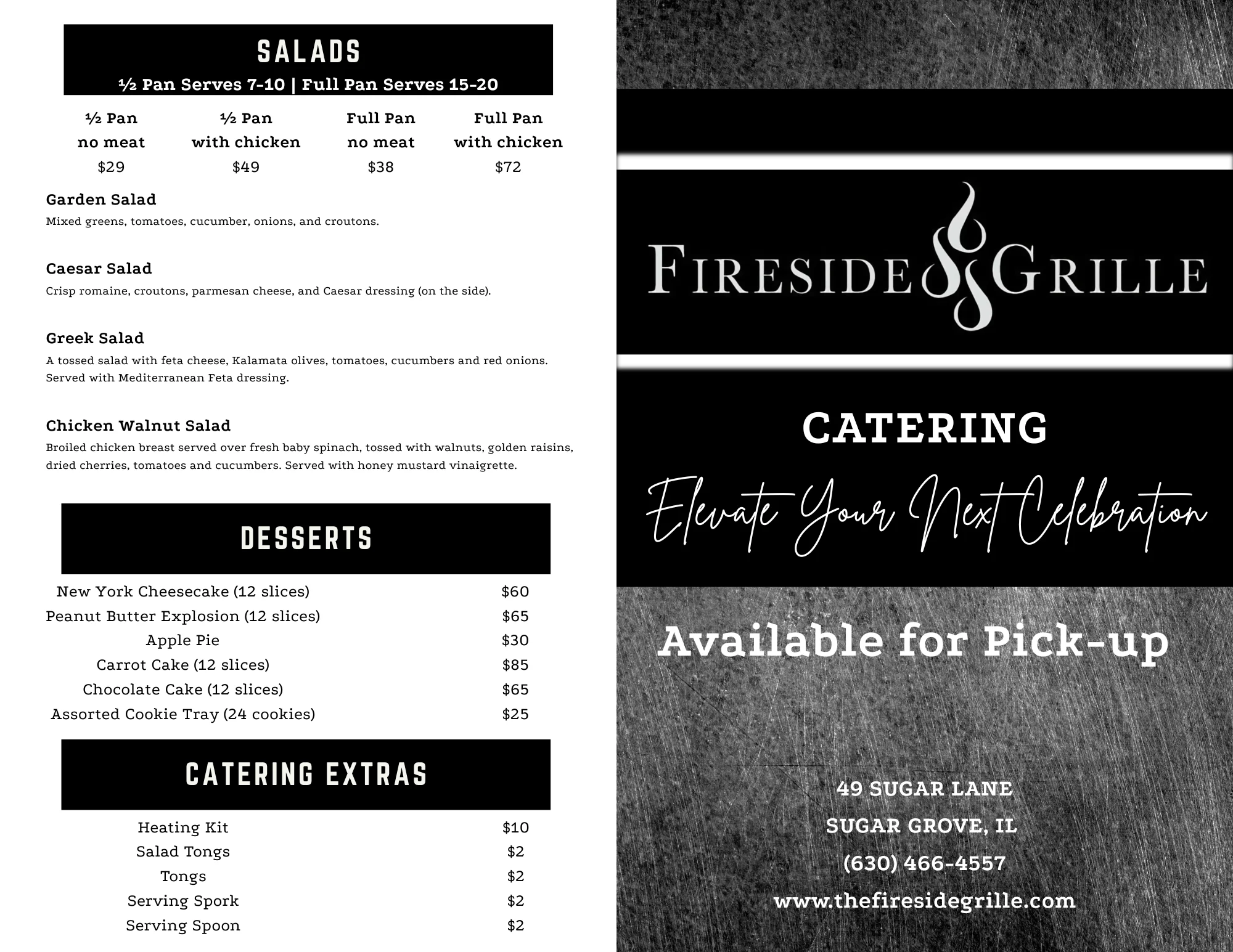 Catering menu featuring salads and desserts from Fireside Grille