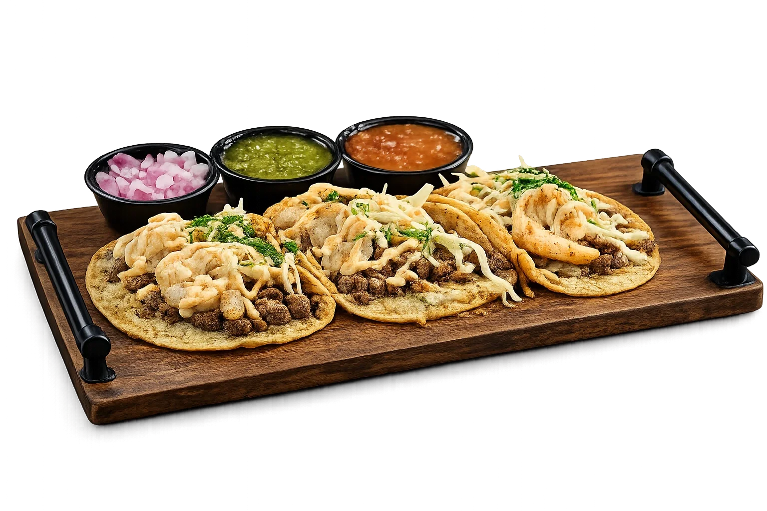 Delicious Mexican tacos with shrimp and beef on a wooden platter