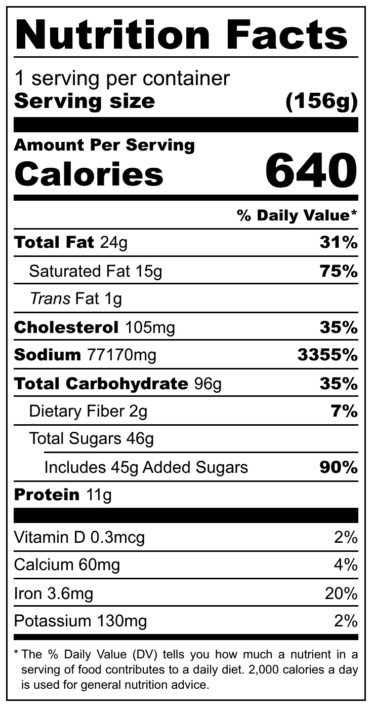 Nutrition facts label for a food product