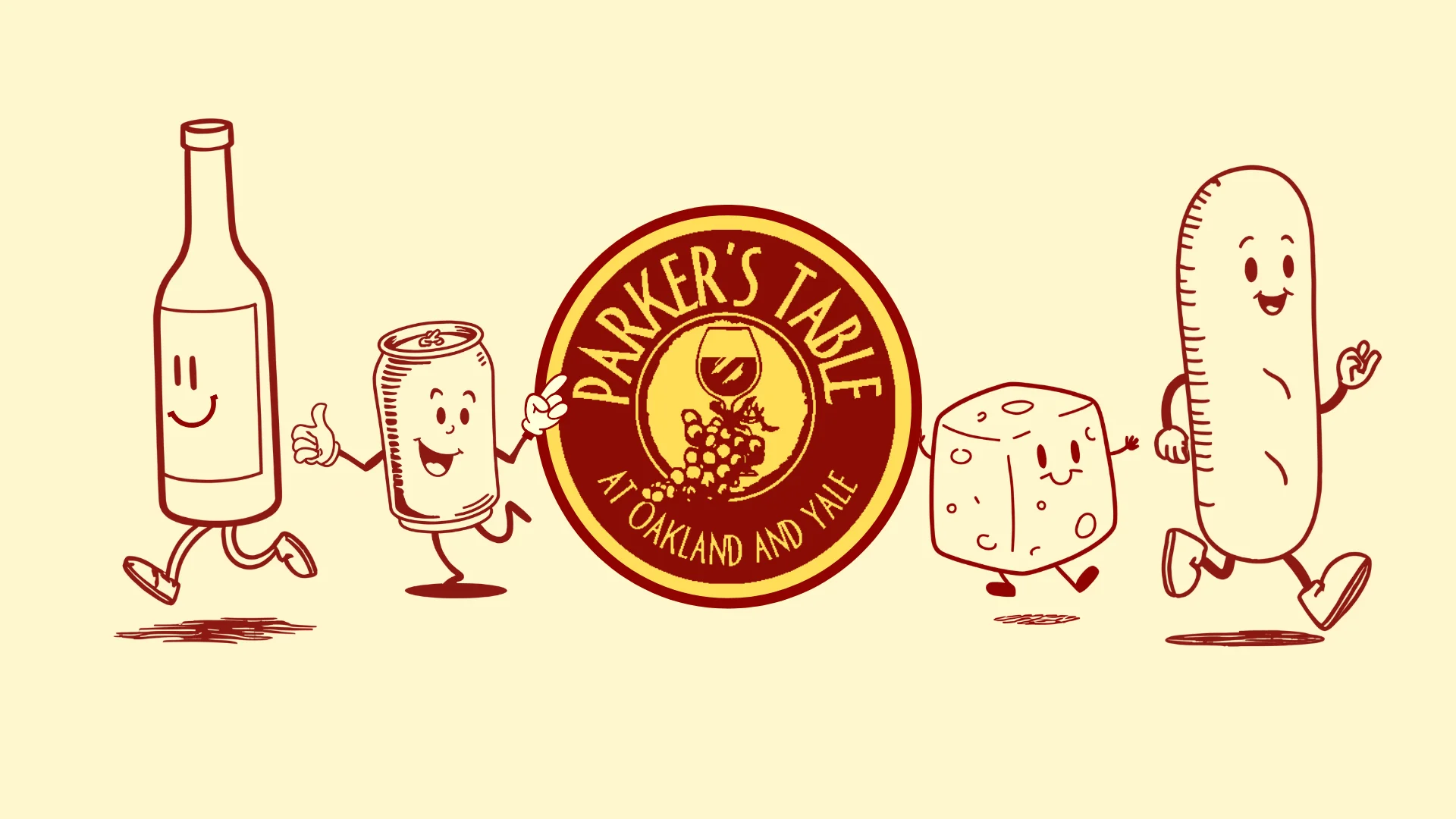 A friendly cartoon of a wine bottle, beer can, hunk of cheese and baguette interacting with the logo