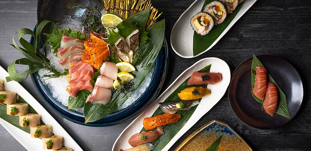 Assorted Japanese sushi platter with sashimi and rolls