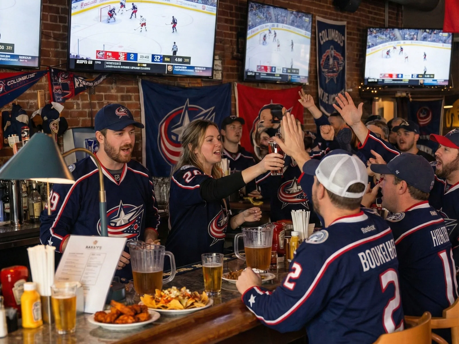 A vibrant sports bar scene with fans enjoying food and drinks.