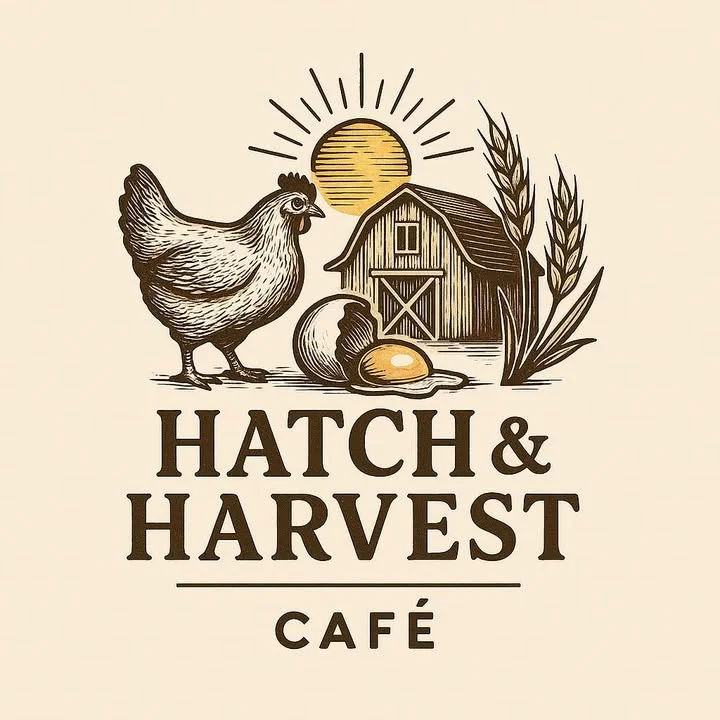An advertisement featuring a chicken, barn, and sun, promoting 'Hatch & Harvest Café' with the address provided.