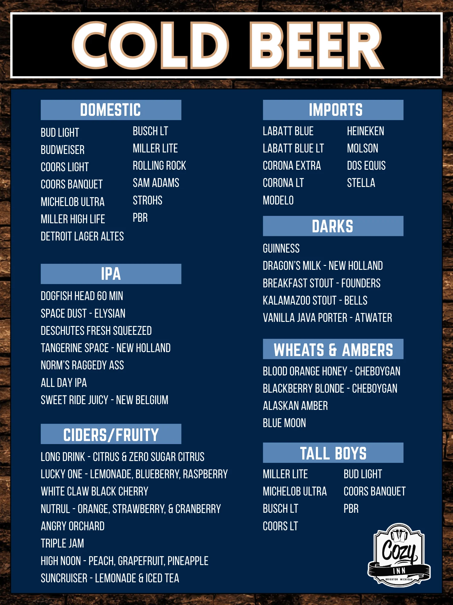 Craft beer menu featuring a variety of domestic and imported beers
