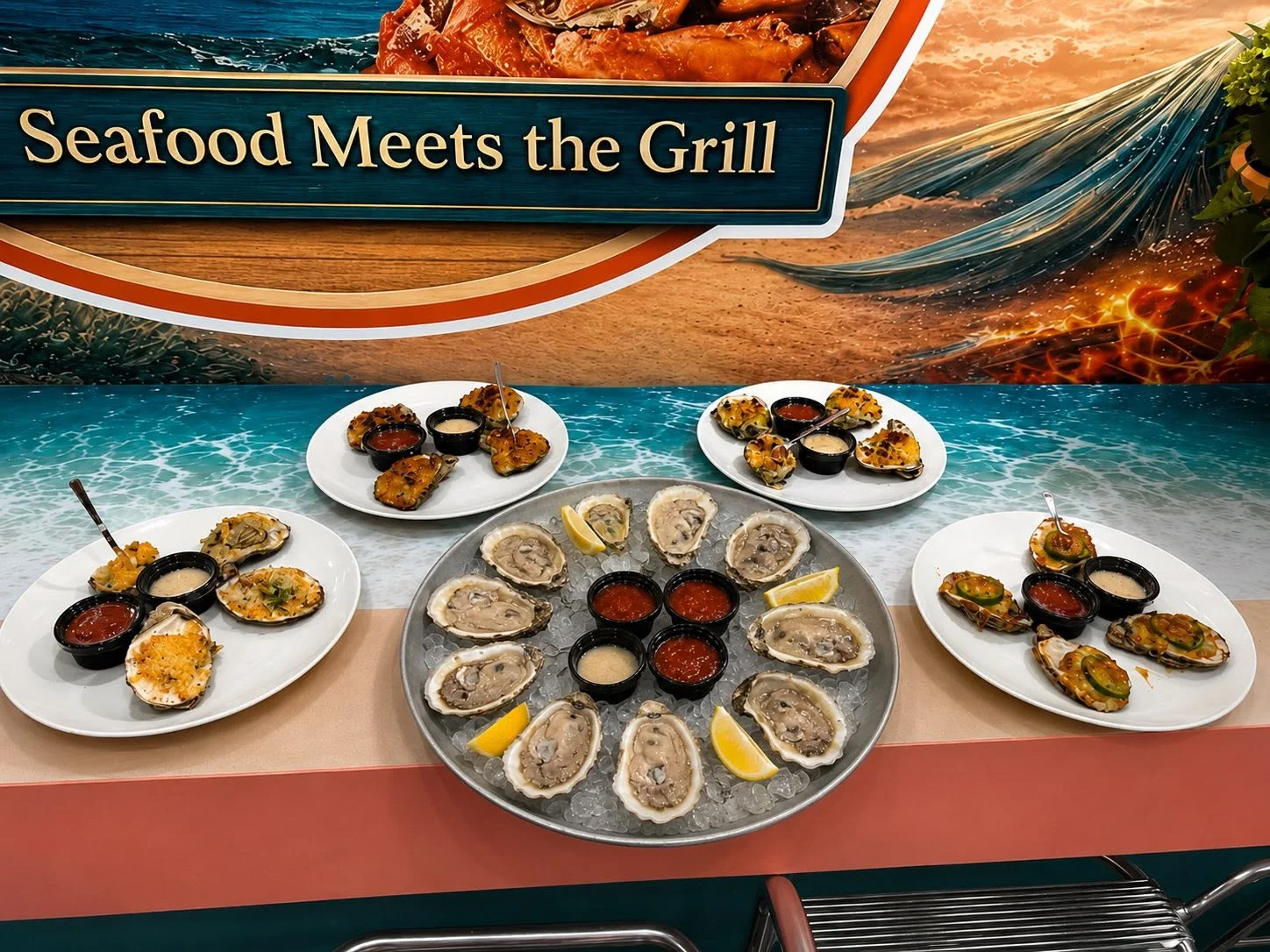 Platter of fresh oysters and seafood appetizers
