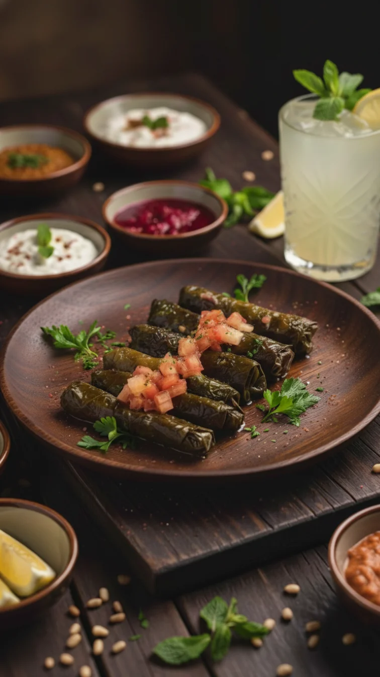 Stuffed grape leaves served with fresh tomato topping