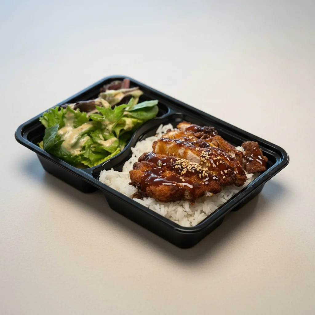 A bowl containing rice, fried chicken cutlet drizzled with sauce, and a side of shredded lettuce.