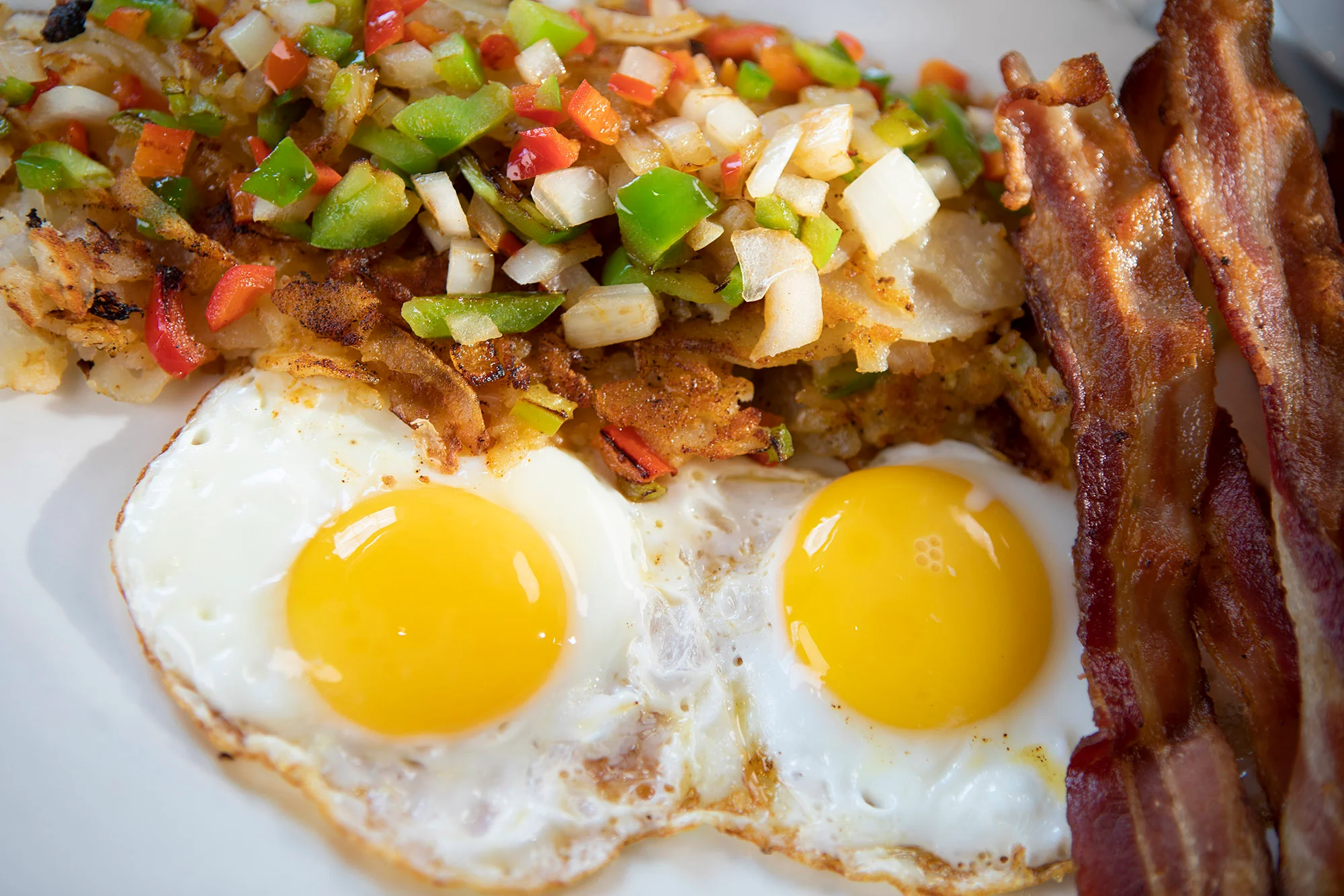 Classic American breakfast with eggs, bacon, and hash browns