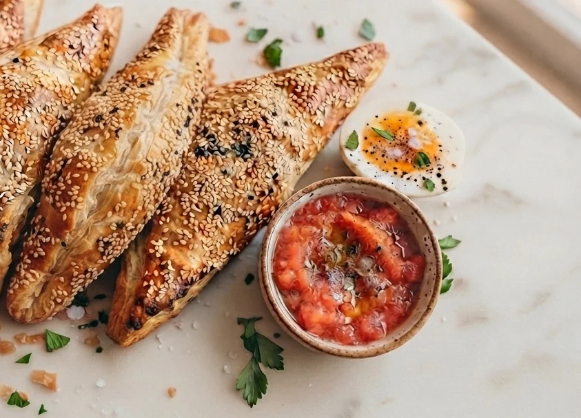 Mefuneket - Big Burekas With Hard Boiled Egg And Tomato