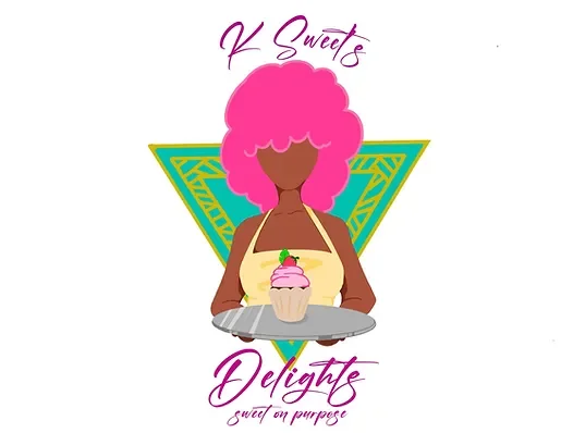 A colorful logo featuring a character with pink hair holding a cupcake, representing a bakery named 'K Sweets Delights'.
