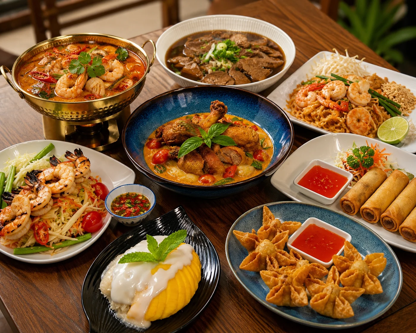 Assorted Thai dishes including pad thai and tom yum soup