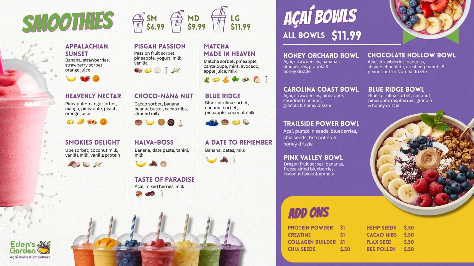 A menu featuring various smoothie and acai bowl options, with prices and descriptions listed for each item.