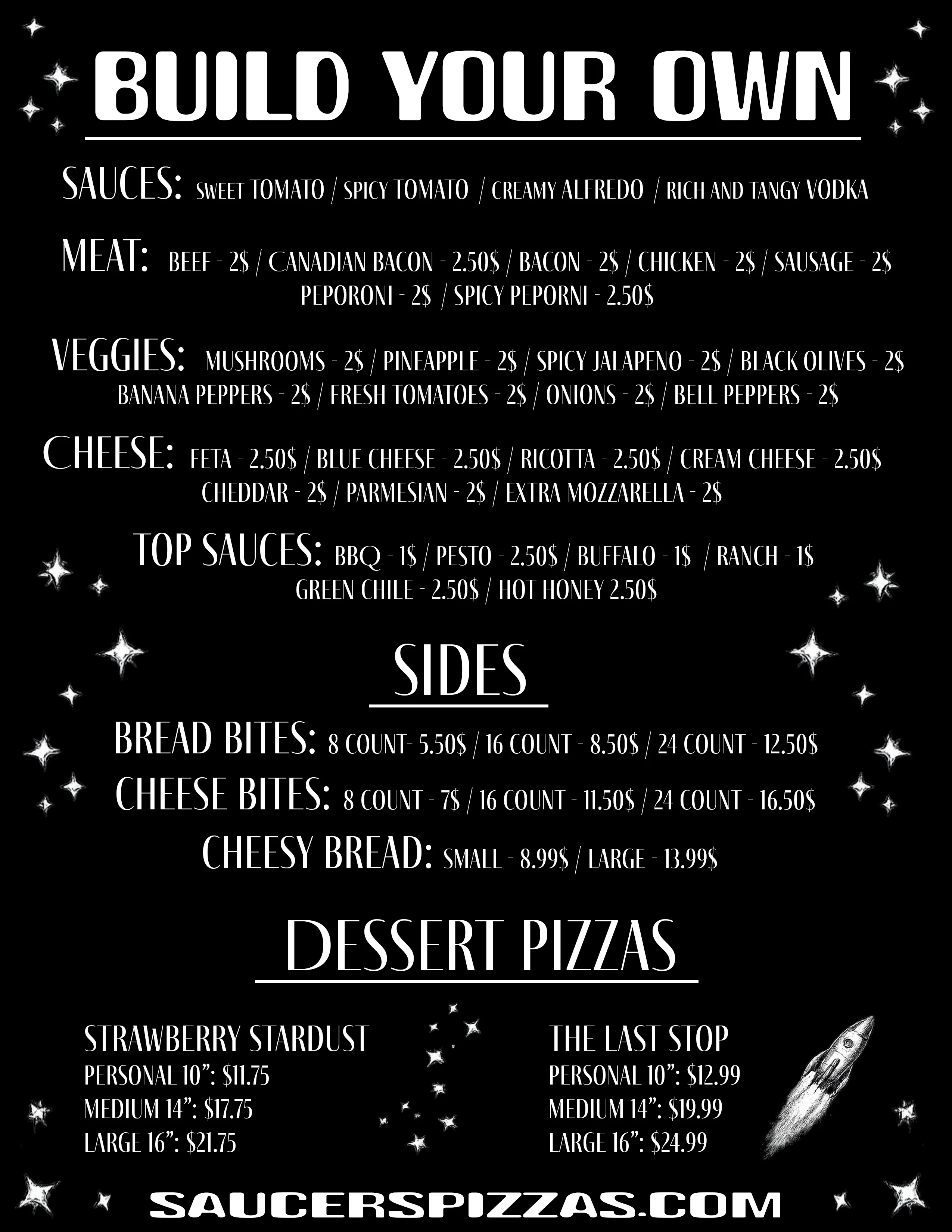 Menu featuring various sauces and dips for a restaurant.