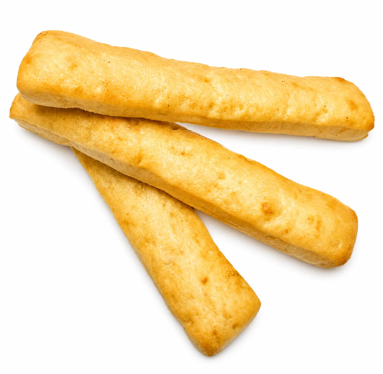Three golden-brown breadsticks arranged on a white background.