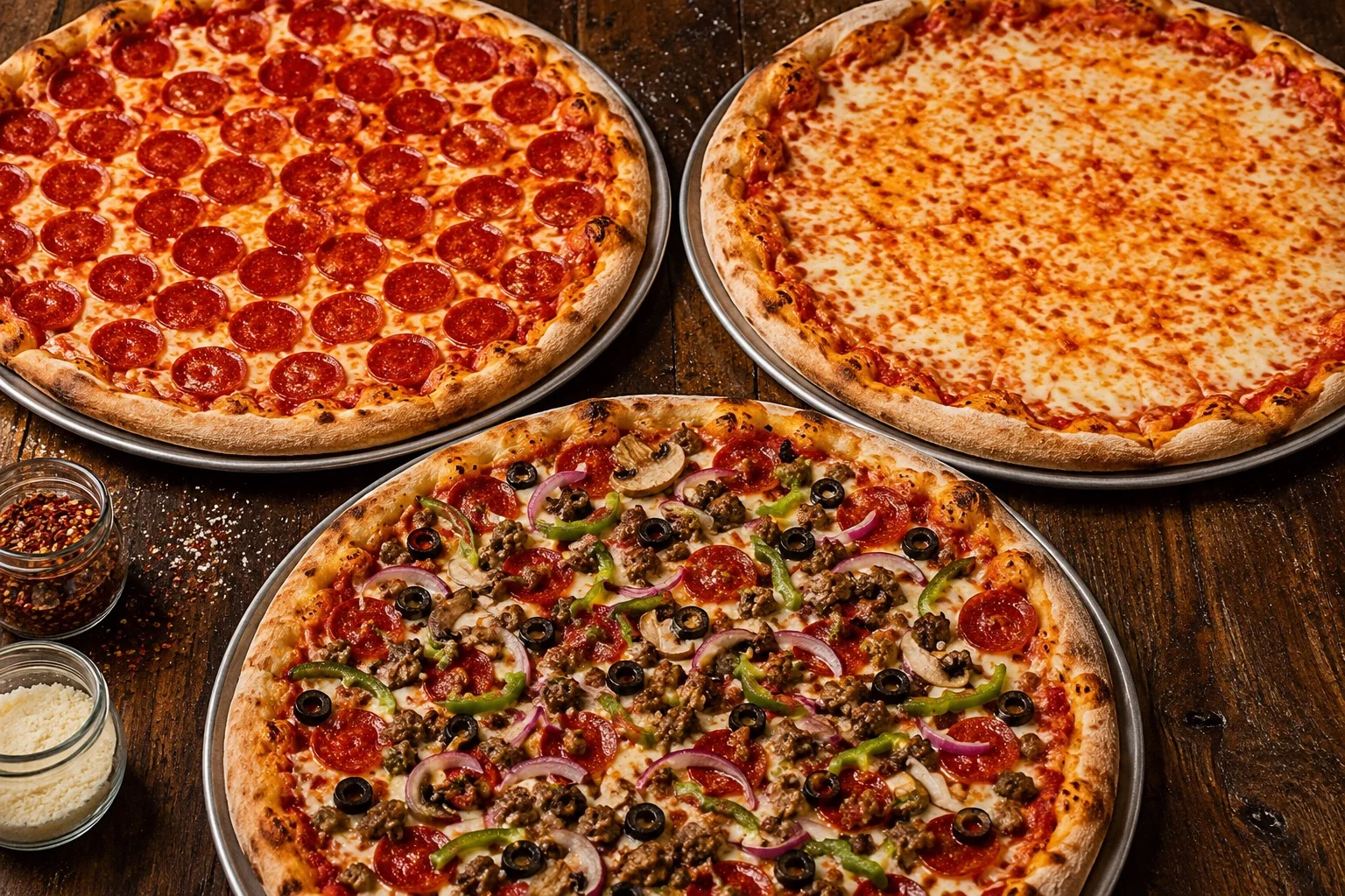 Three delicious pizzas: pepperoni, cheese, and supreme style