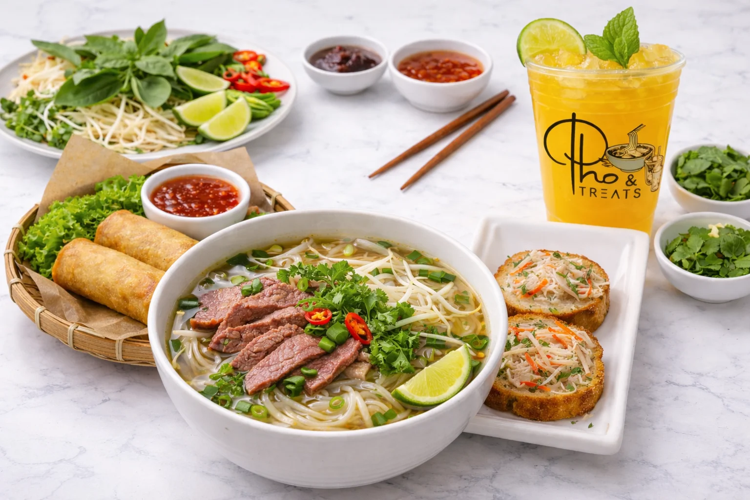 Bowl of Vietnamese pho with beef and fresh herbs