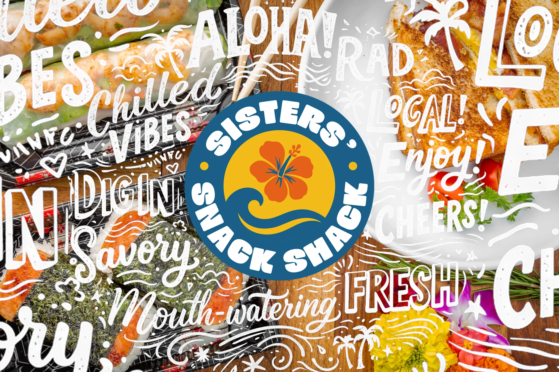 A colorful arrangement of food with a vibrant logo overlay, emphasizing a fun dining experience.