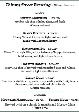 Craft beer menu from Thirsty Street Brewing in Billings, Montana
