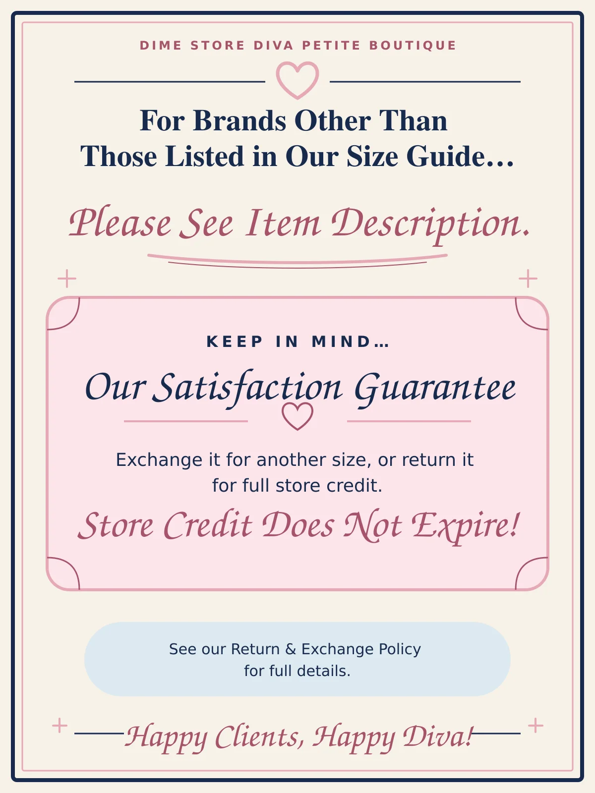 Customer service notice for boutique return policy and satisfaction guarantee
