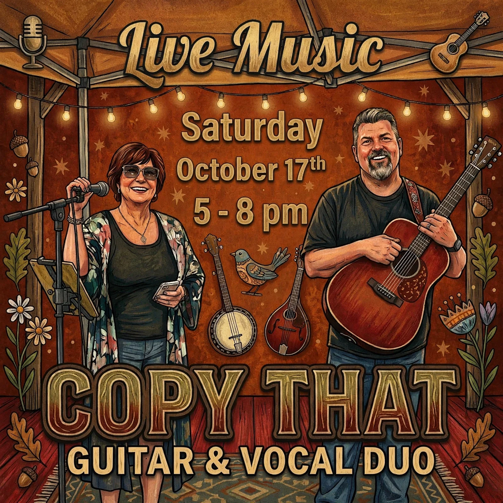 Illustrated live music poster featuring a guitar and vocal duo