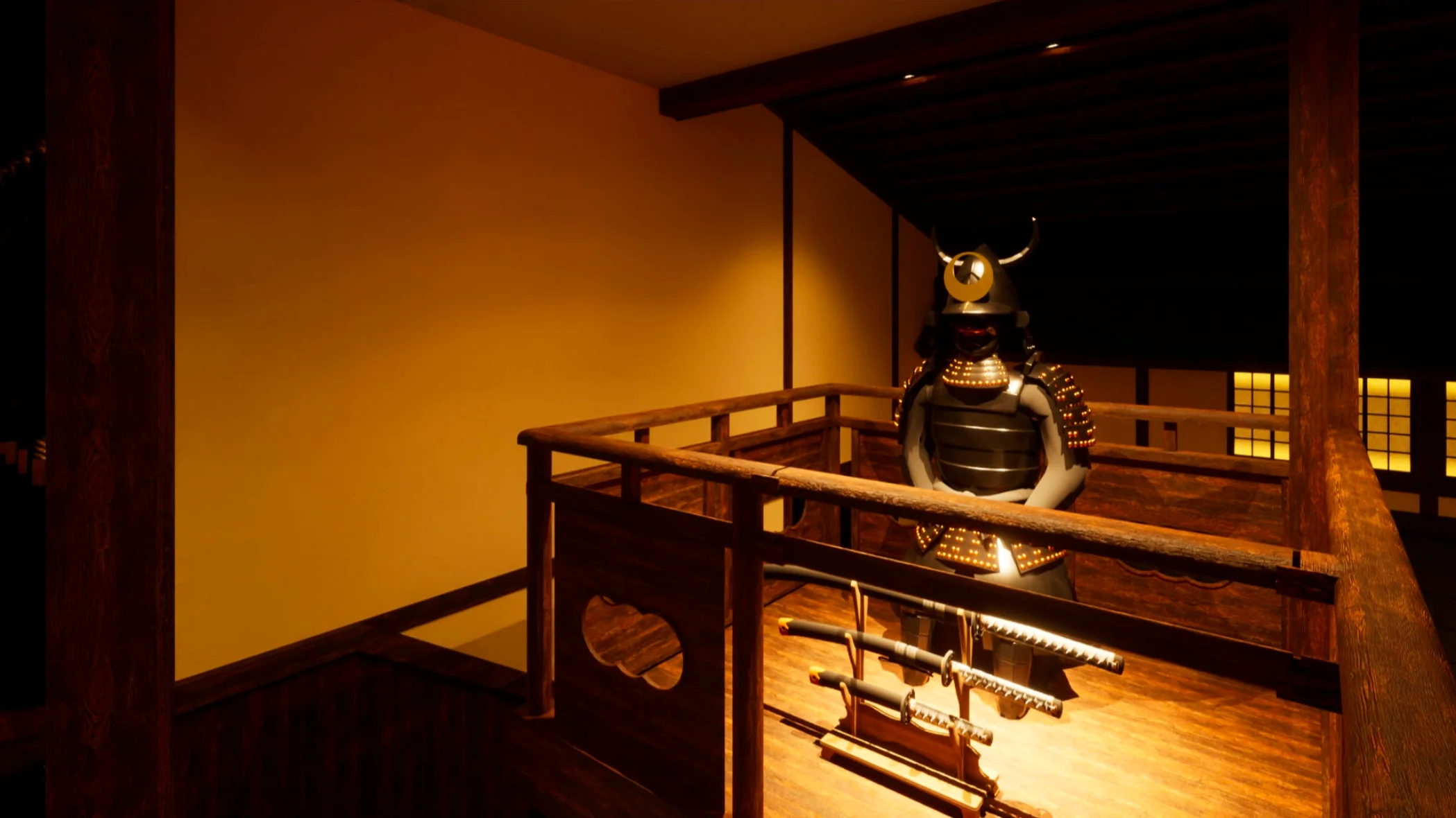 Traditional Japanese samurai armor display in a wooden interior
