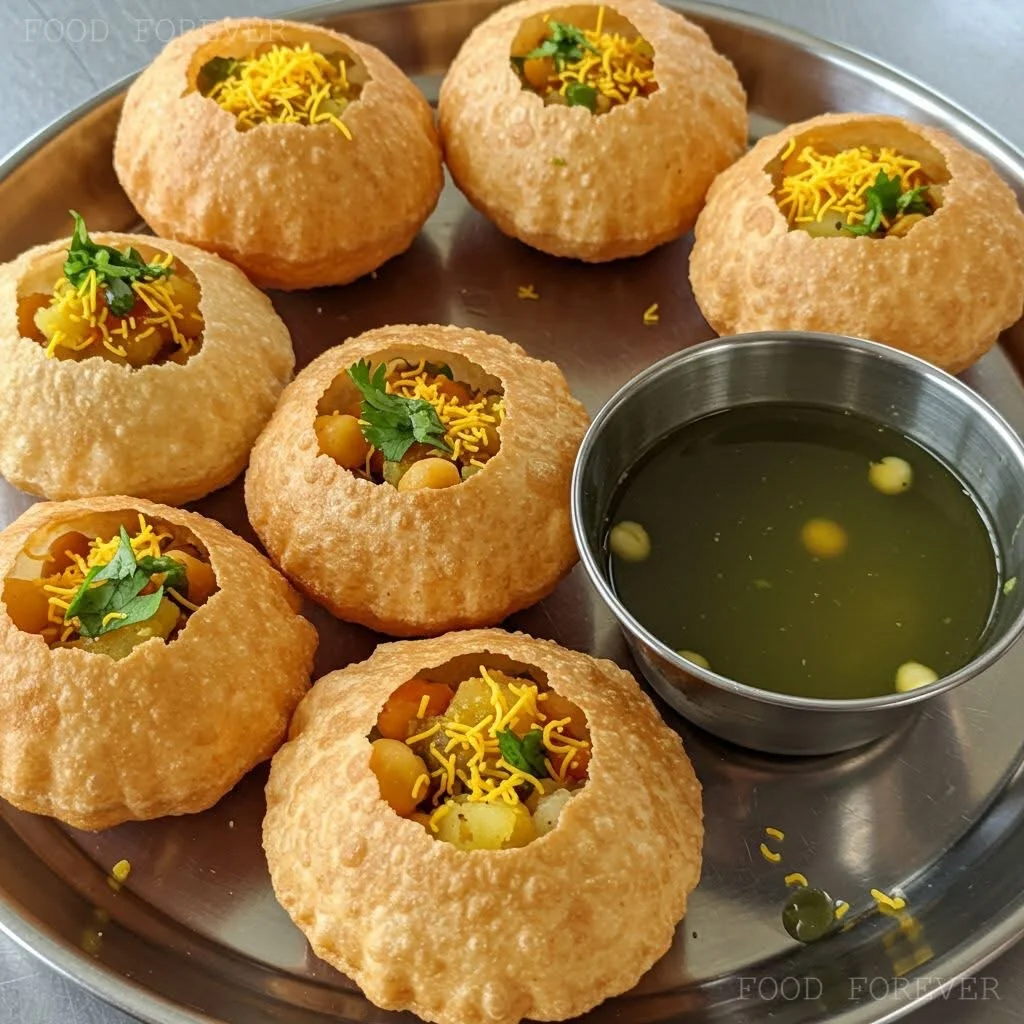 A silver platter with crispy puris filled with a mix of chickpeas and spiced potatoes, garnished with cilantro and topped with yellow sev. A bowl of tangy tamarind water is also present.