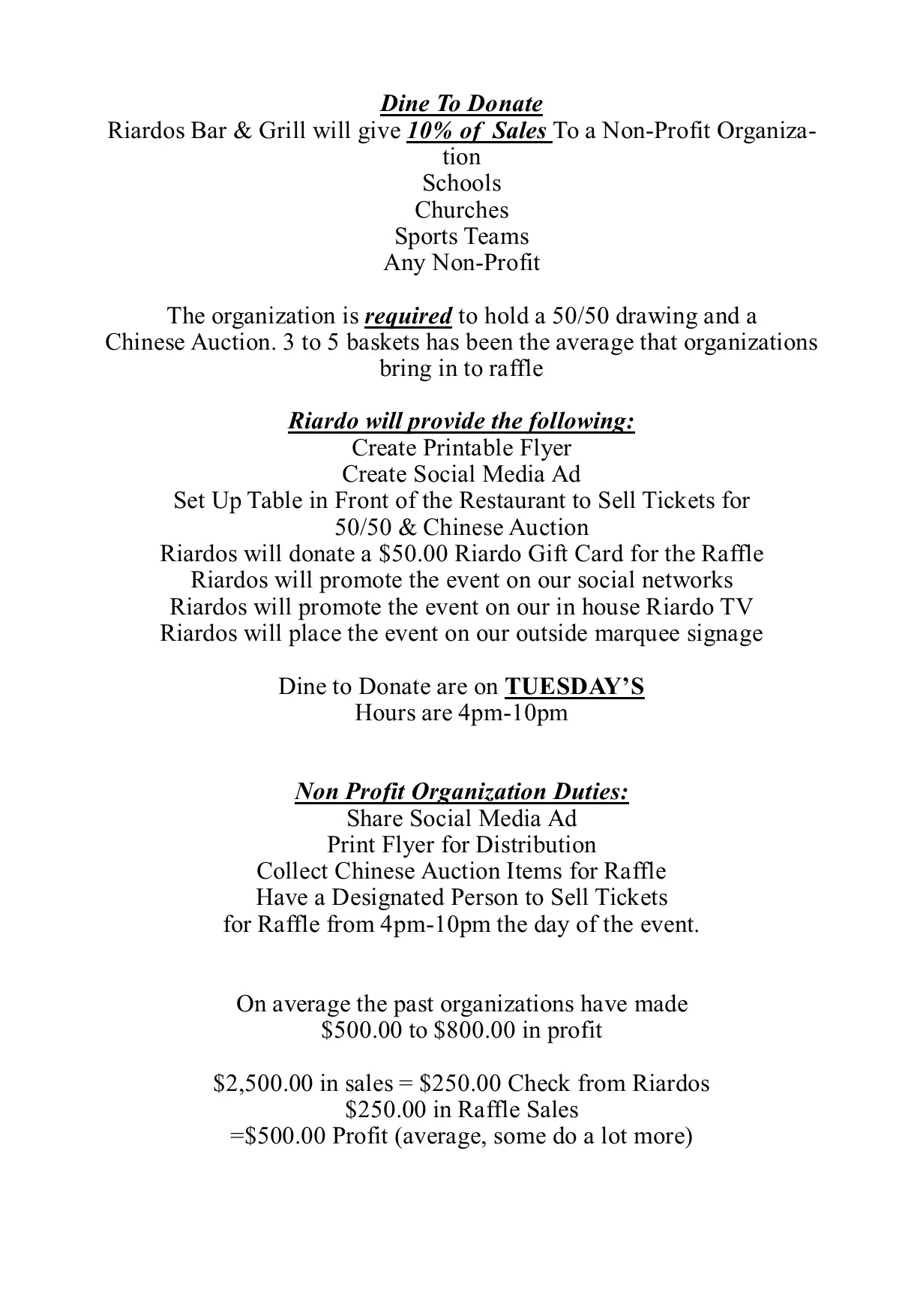 Promotional flyer for Dine To Donate event at Riardos Bar & Grill