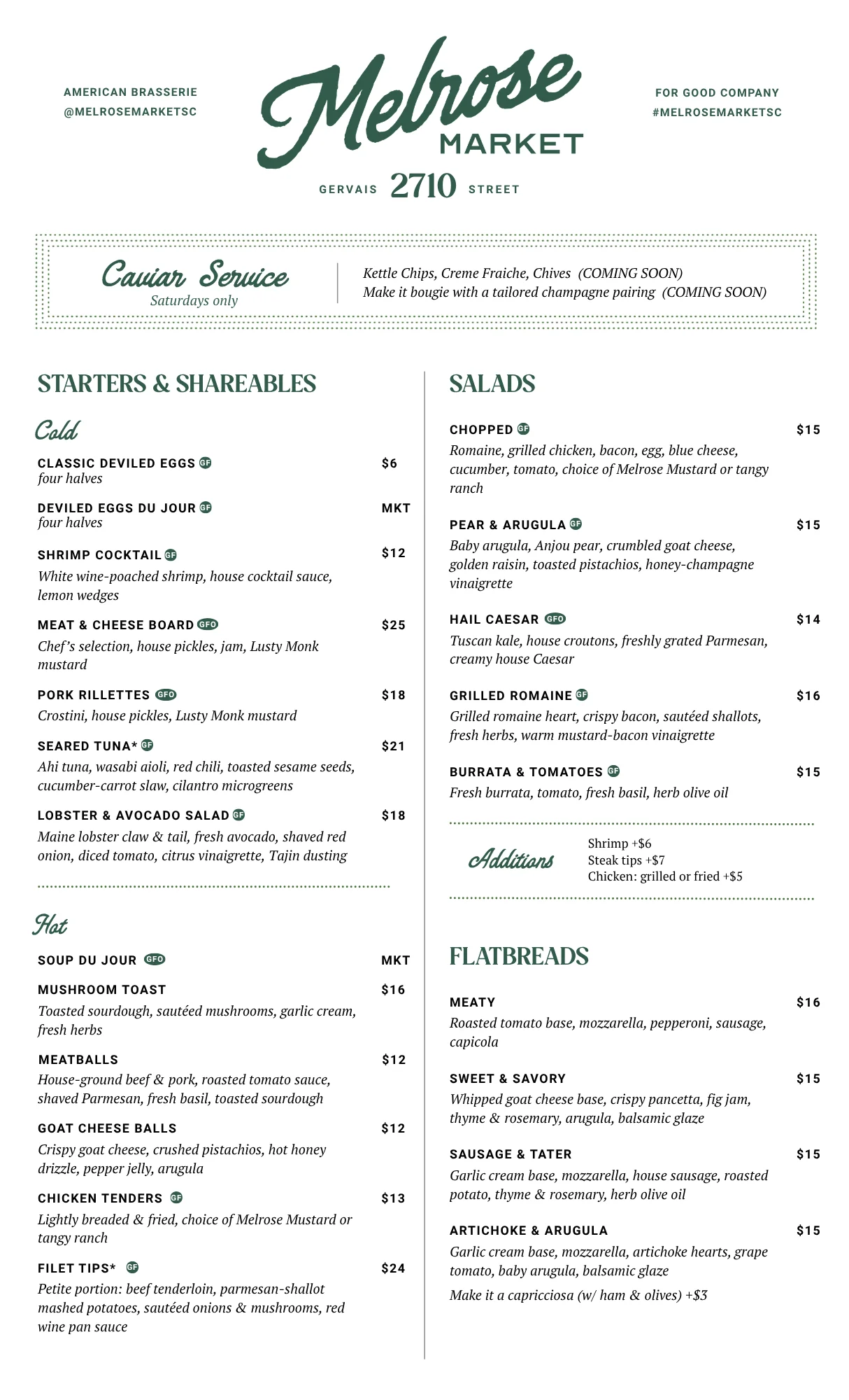 American brasserie menu featuring sandwiches and mains