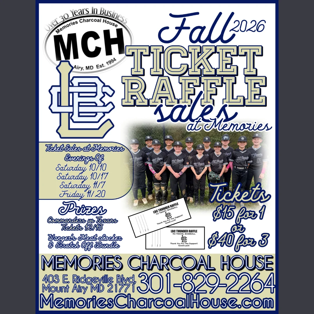 Fall 2026 ticket raffle promotional flyer for a Maryland charcoal house