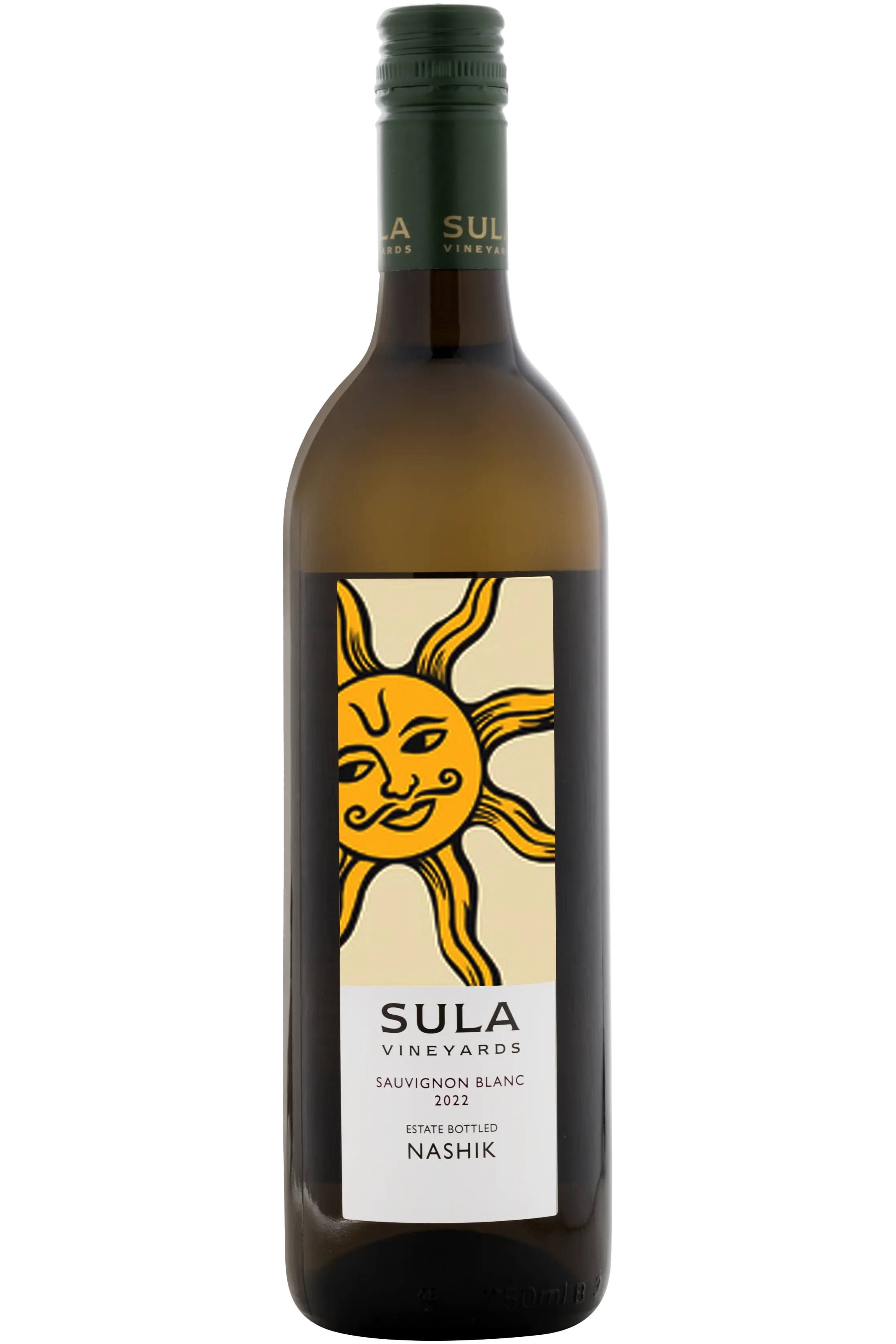 Bottle of Sula Sauvignon Blanc wine on a white background