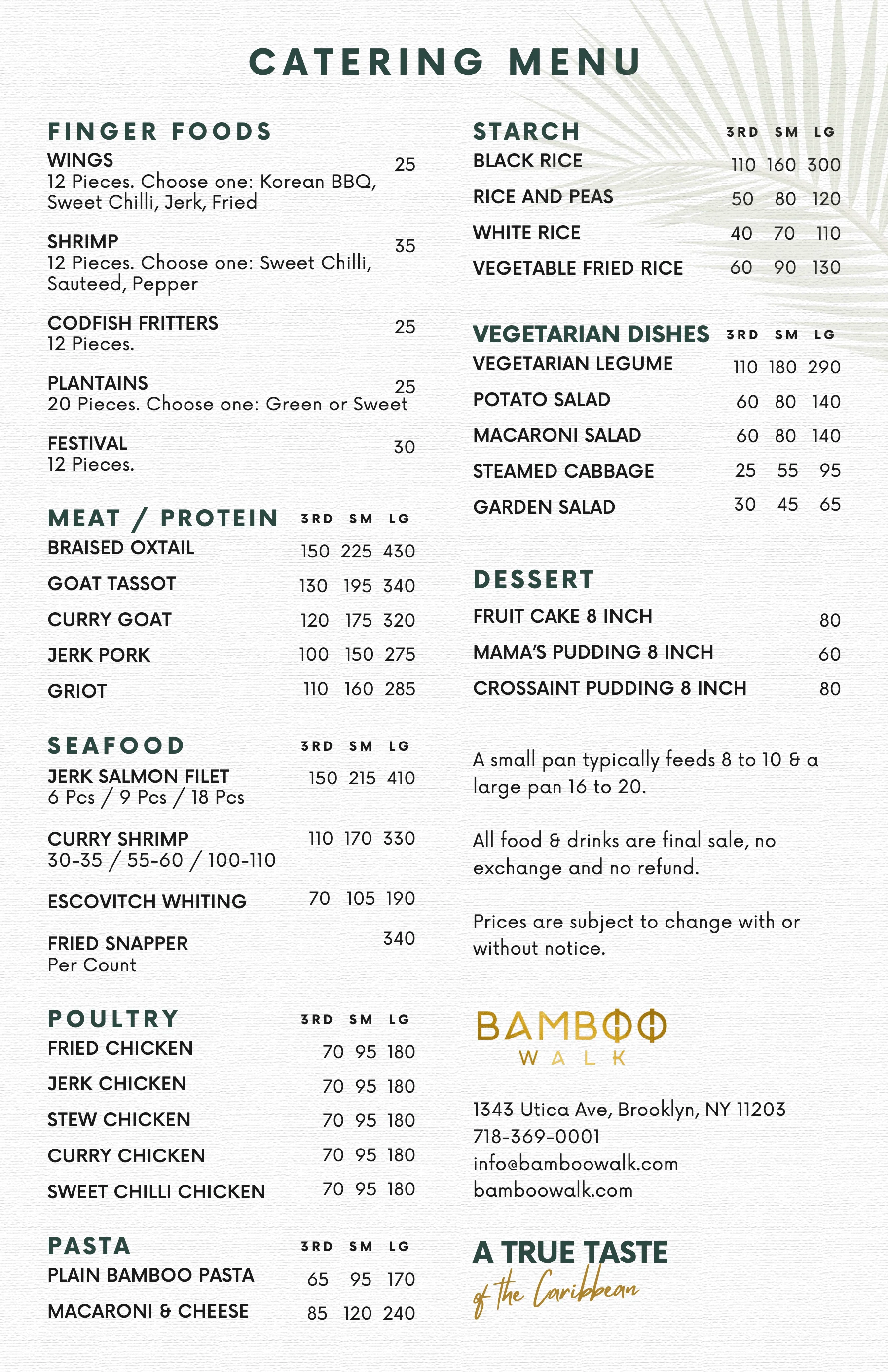 Catering menu featuring Caribbean dishes and flavors