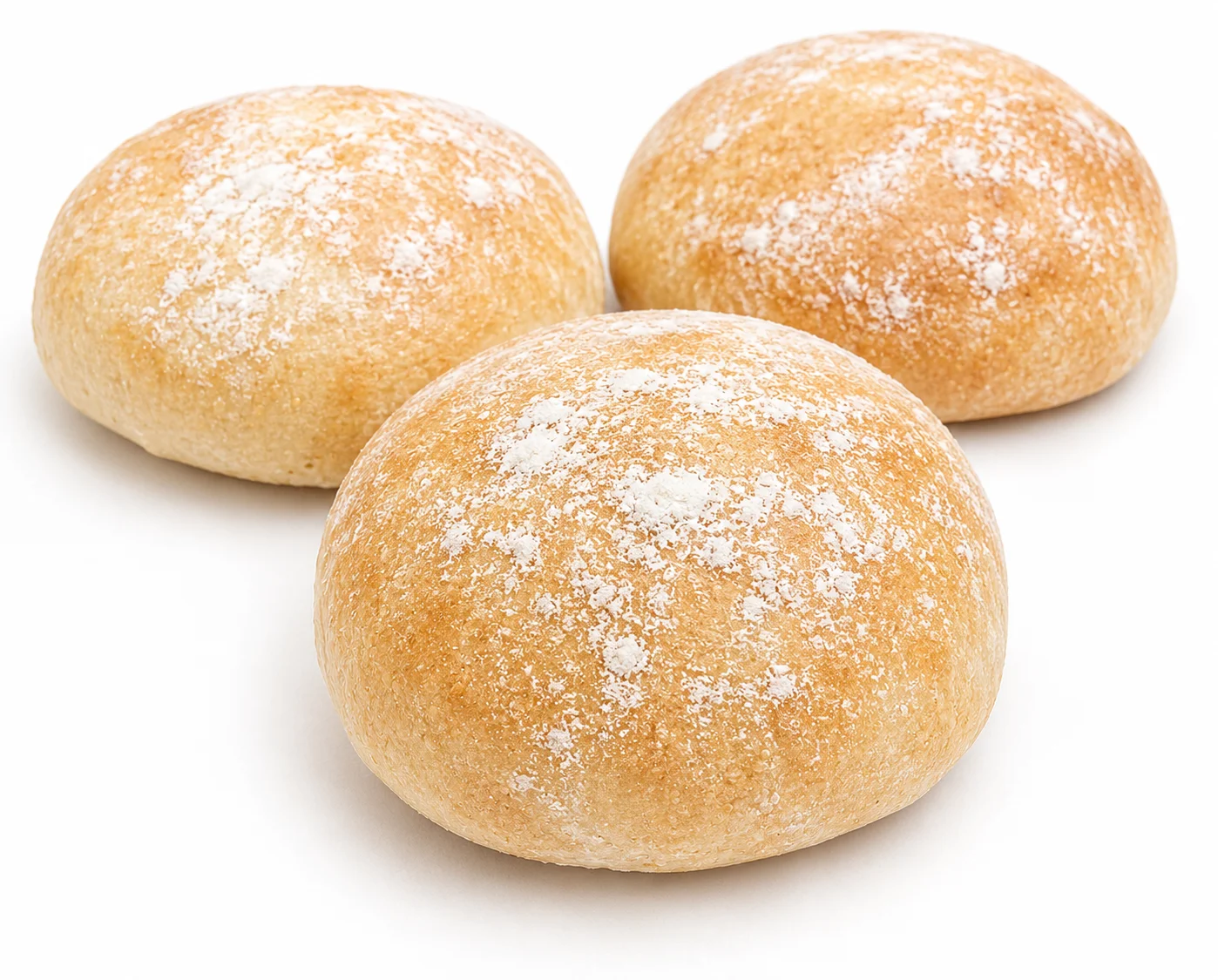 Three round, powdered sugar-dusted pastries on a white background.