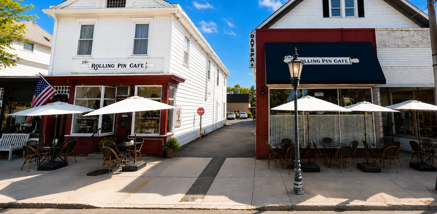 Two cafes with outdoor seating and umbrellas on a sunny day.