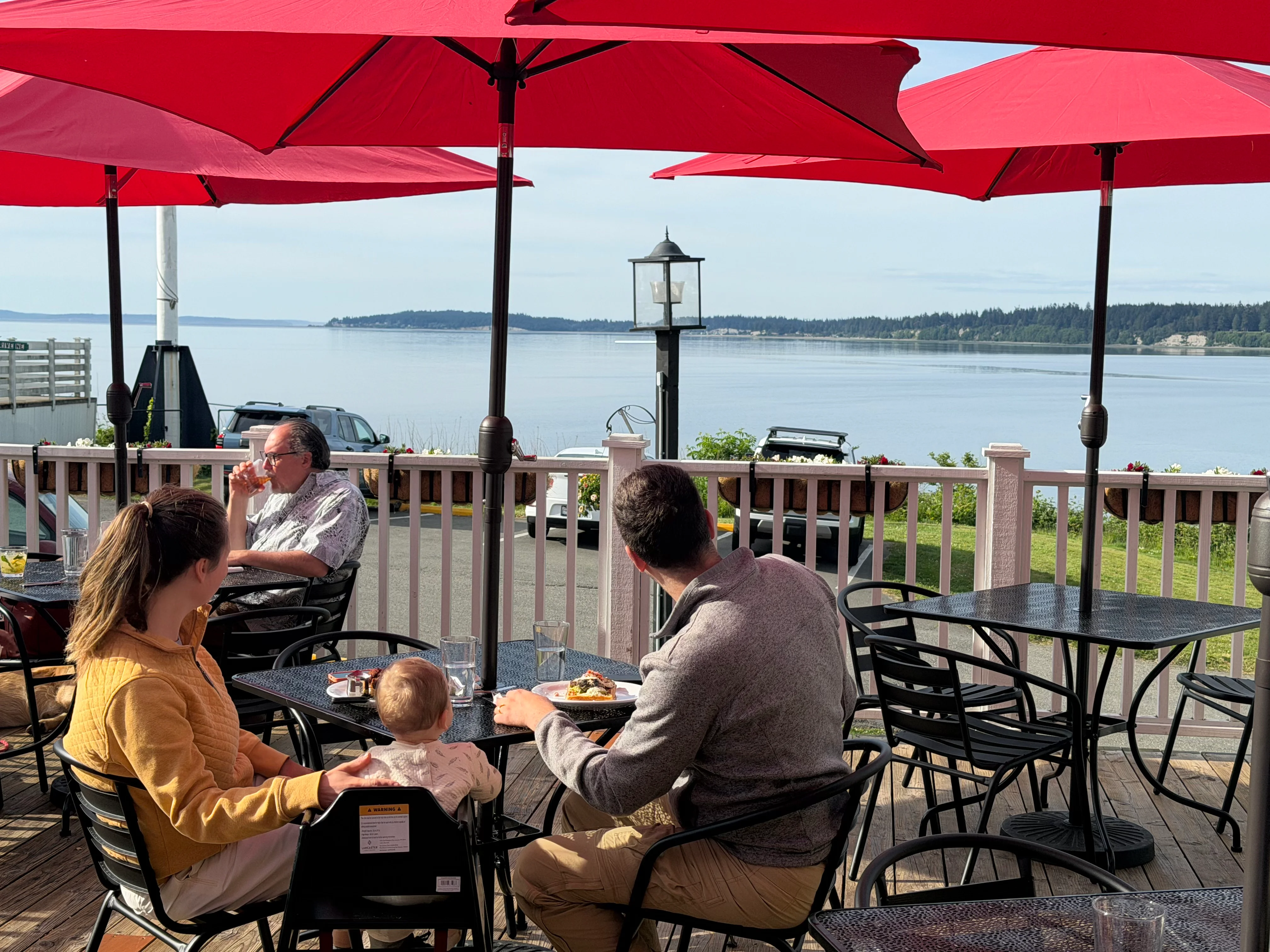 Group of people enjoying a meal at a restaurant with balloons and a scenic view.