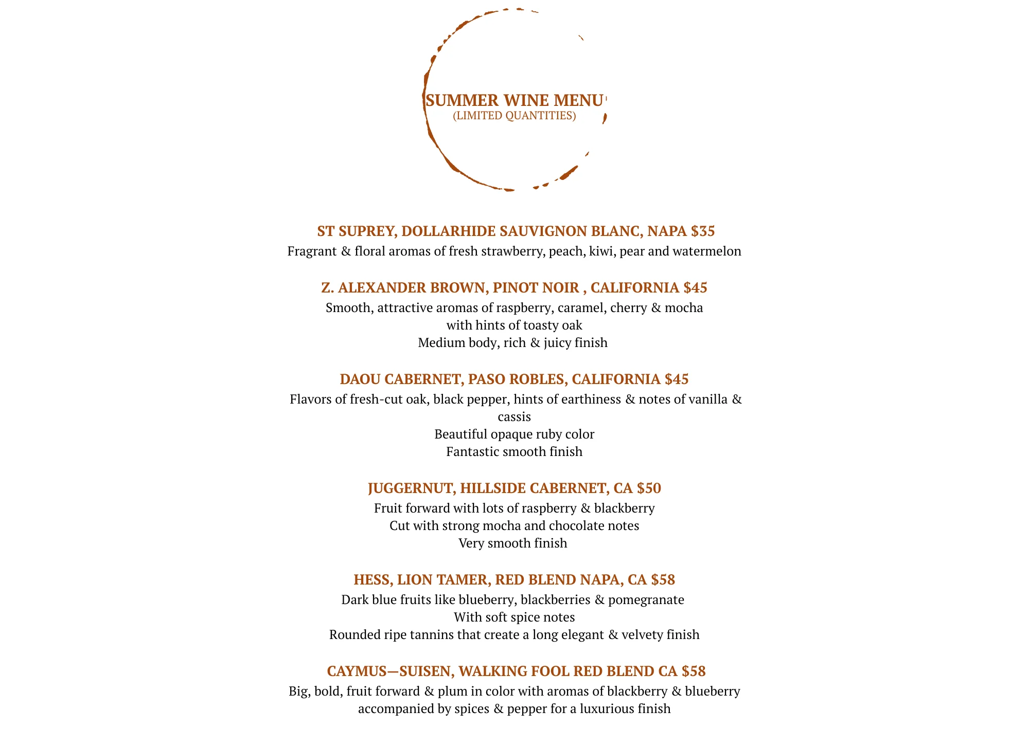 Summer wine menu featuring various California wines