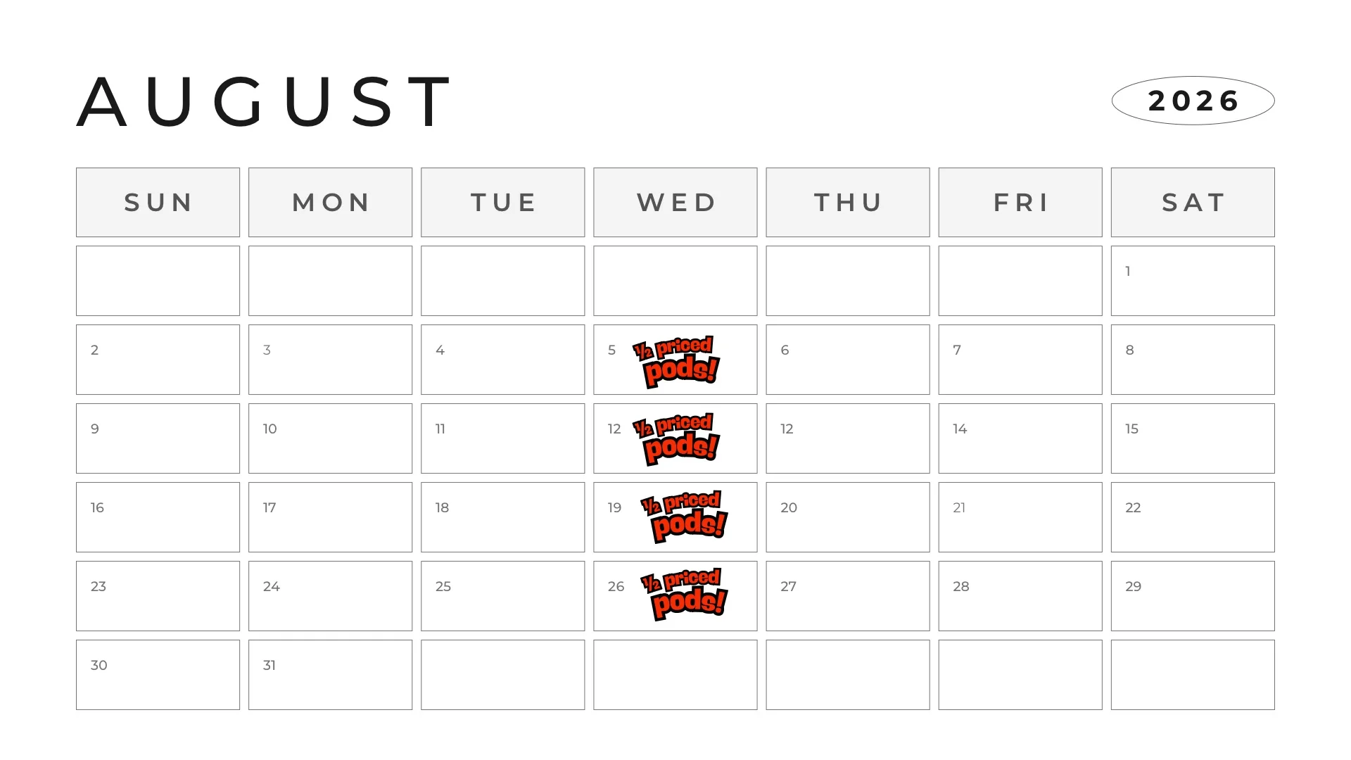 2024 monthly calendar in a minimalist white and grey design