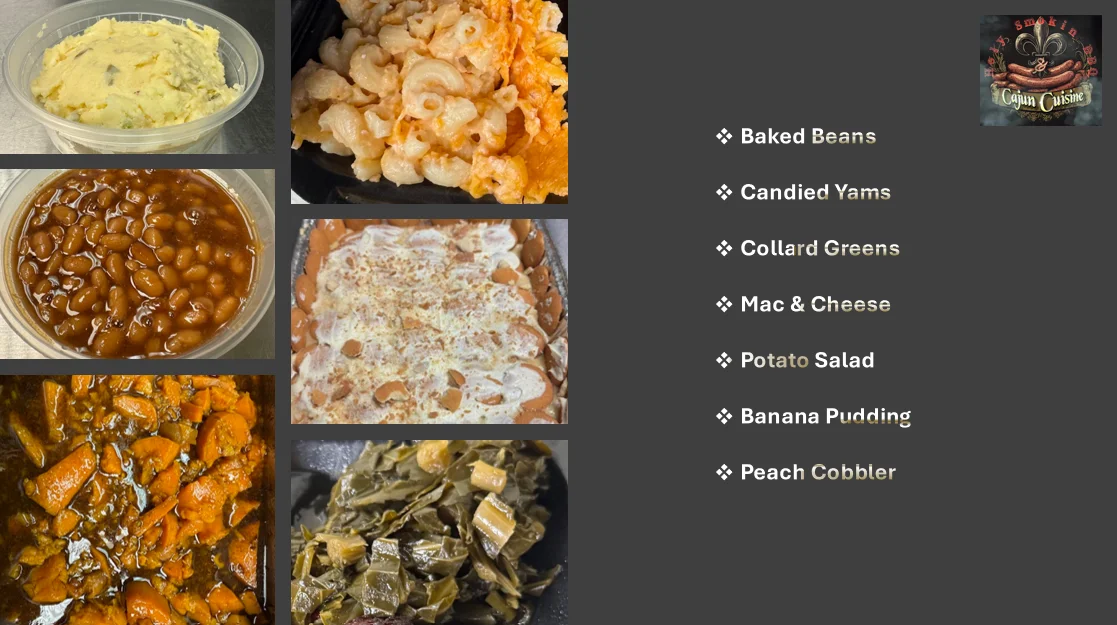 Southern comfort food platter with mac and cheese, collard greens, and peach cobbler