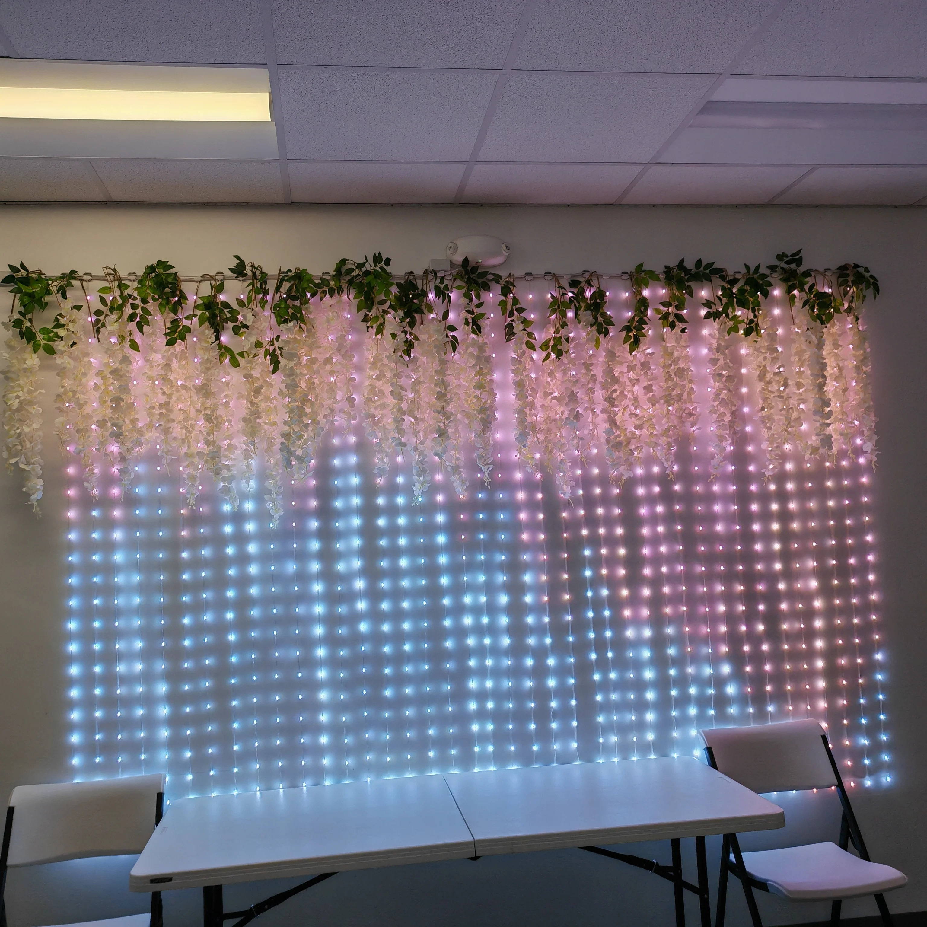 Decorative wall with LED lights and floral accents in a dining space