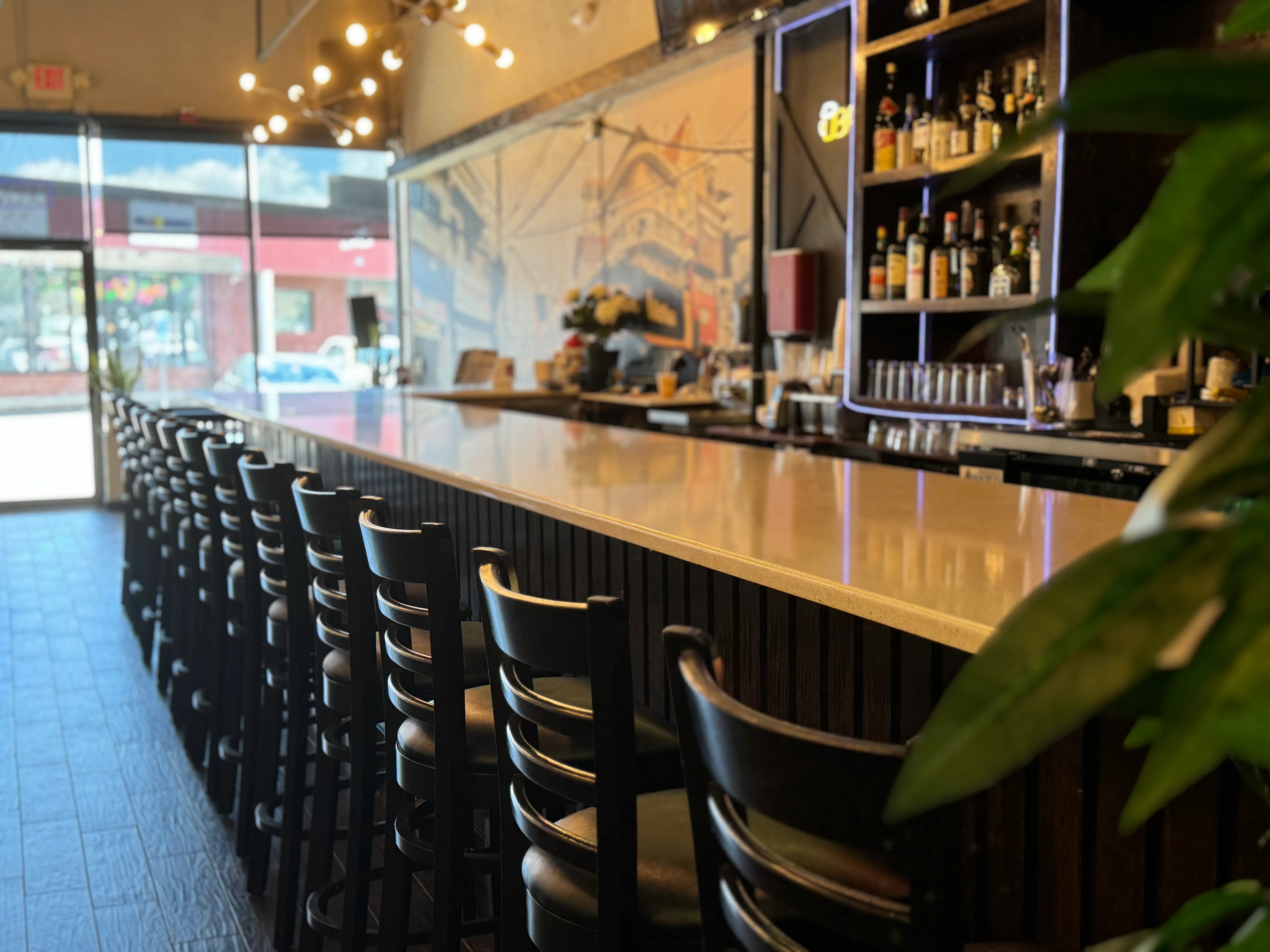 Modern bar interior with sleek counter and stylish lighting