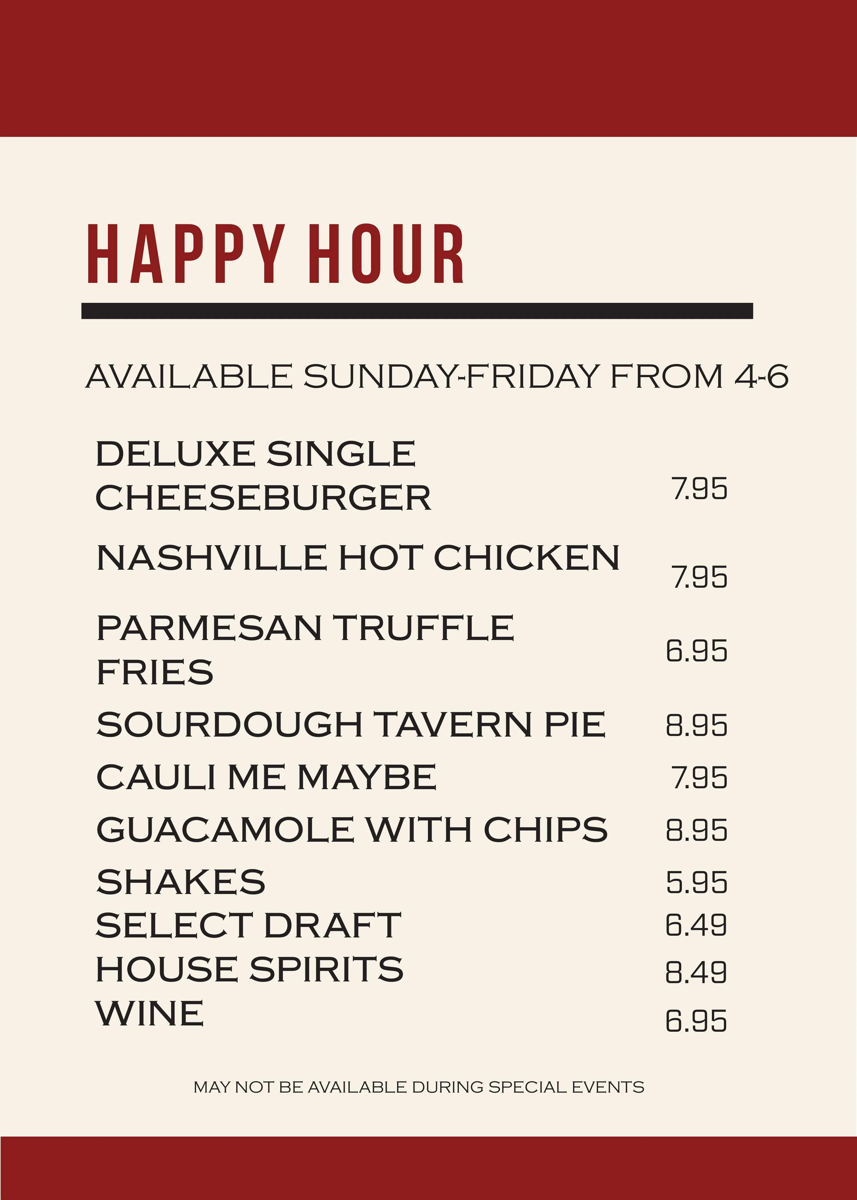 Happy hour menu featuring burgers and appetizers