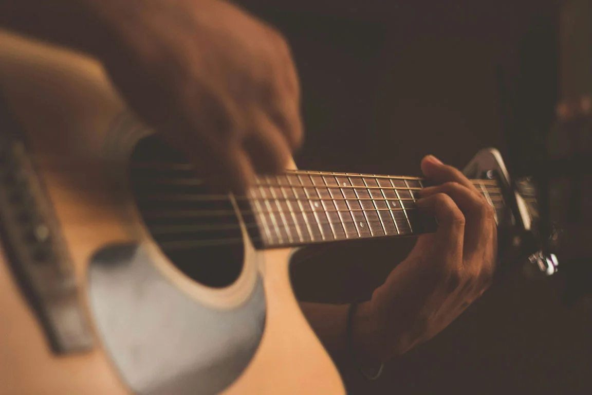 Close up of guitarist playing music