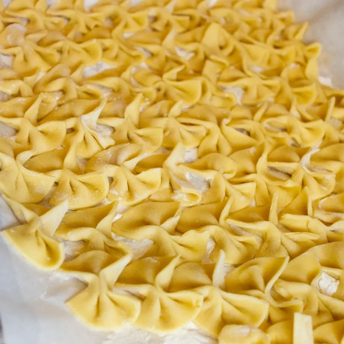 Freshly made pasta shaped like small dumplings on a floured surface.