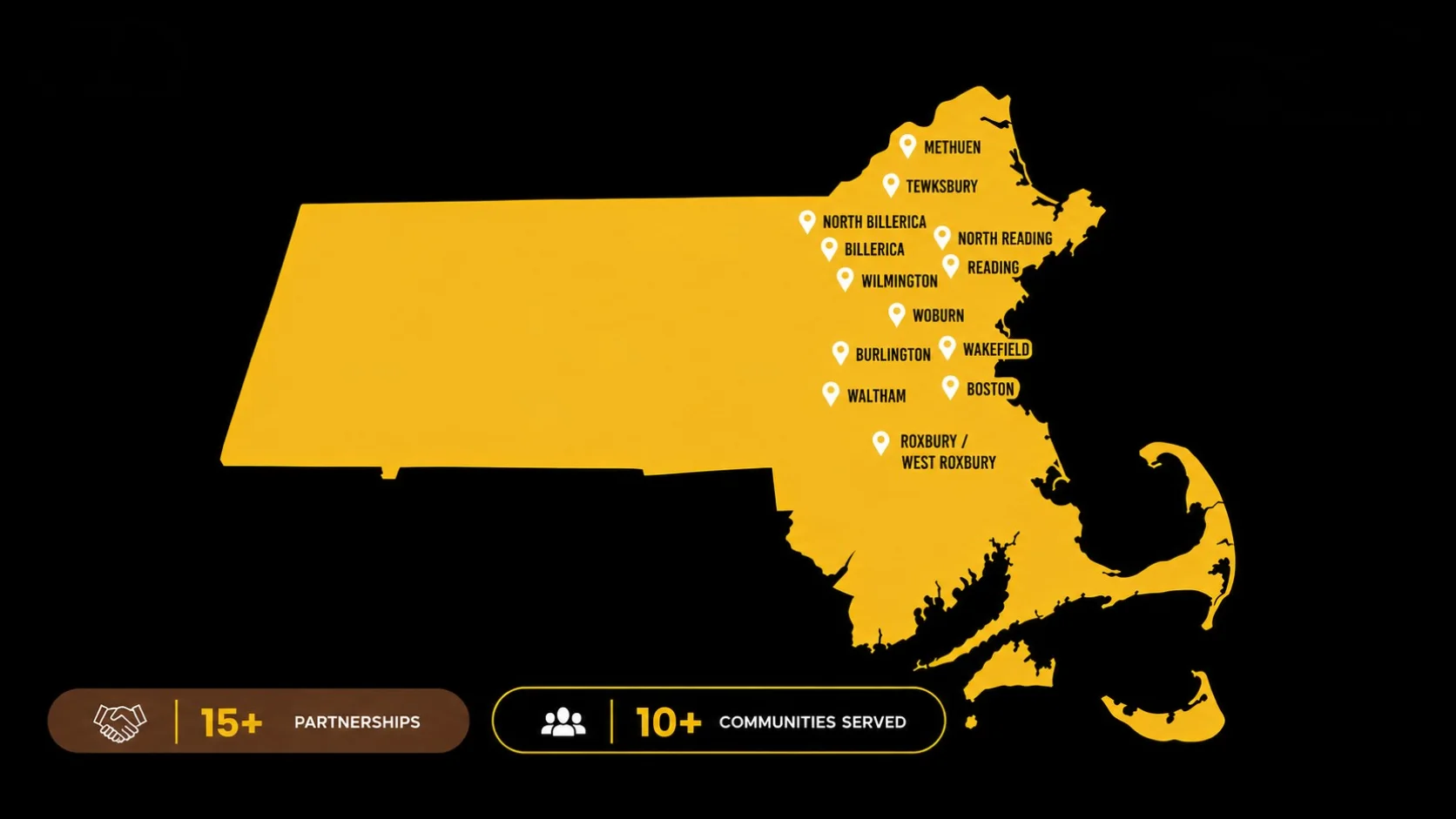 Map of Massachusetts highlighting partnerships and communities served