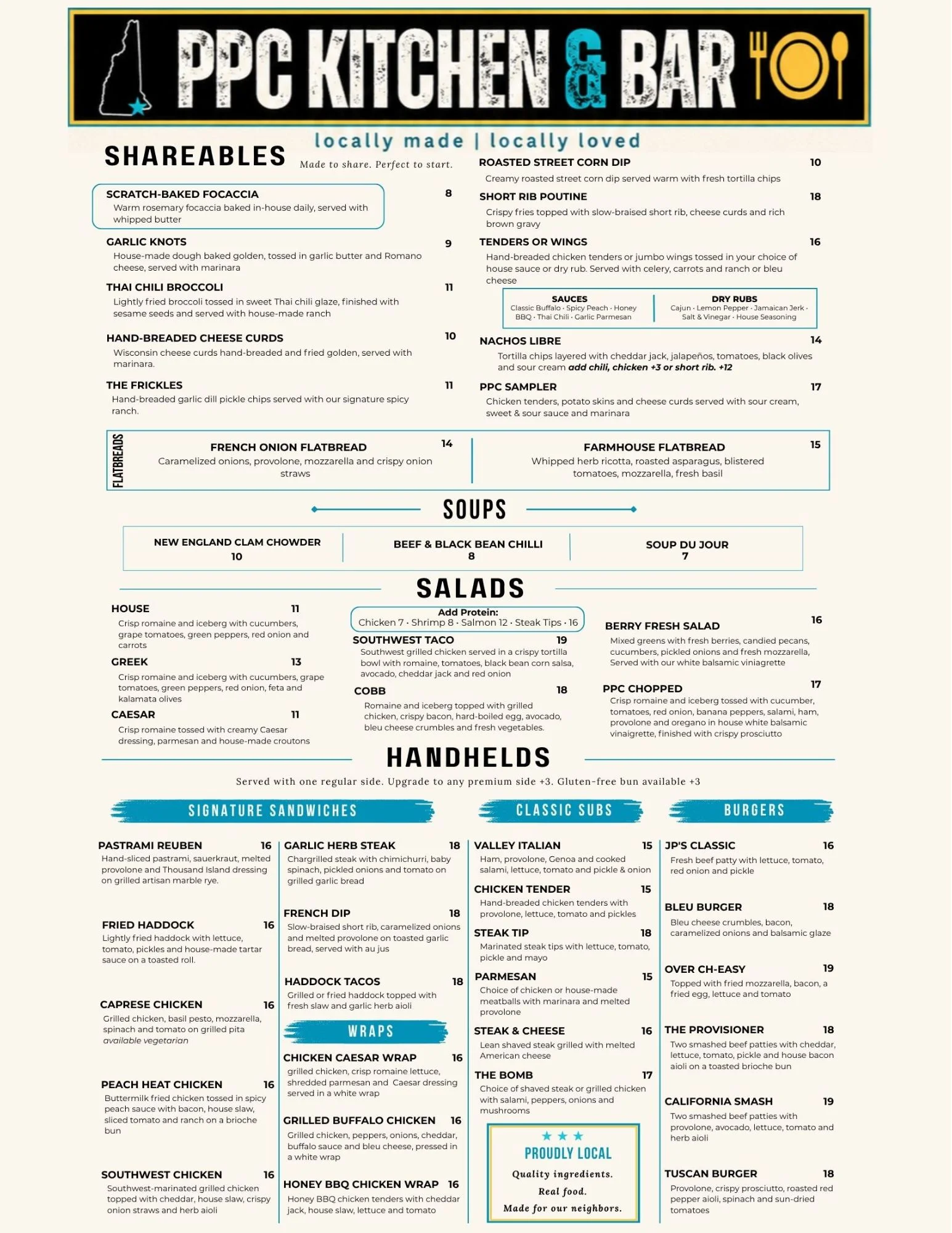 Menu of a contemporary American restaurant featuring shareables and handhelds