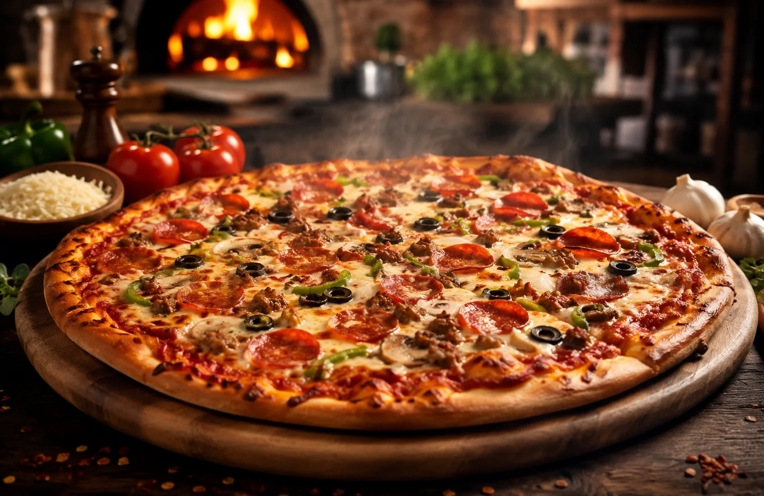 Delicious pepperoni pizza from a wood-fired oven