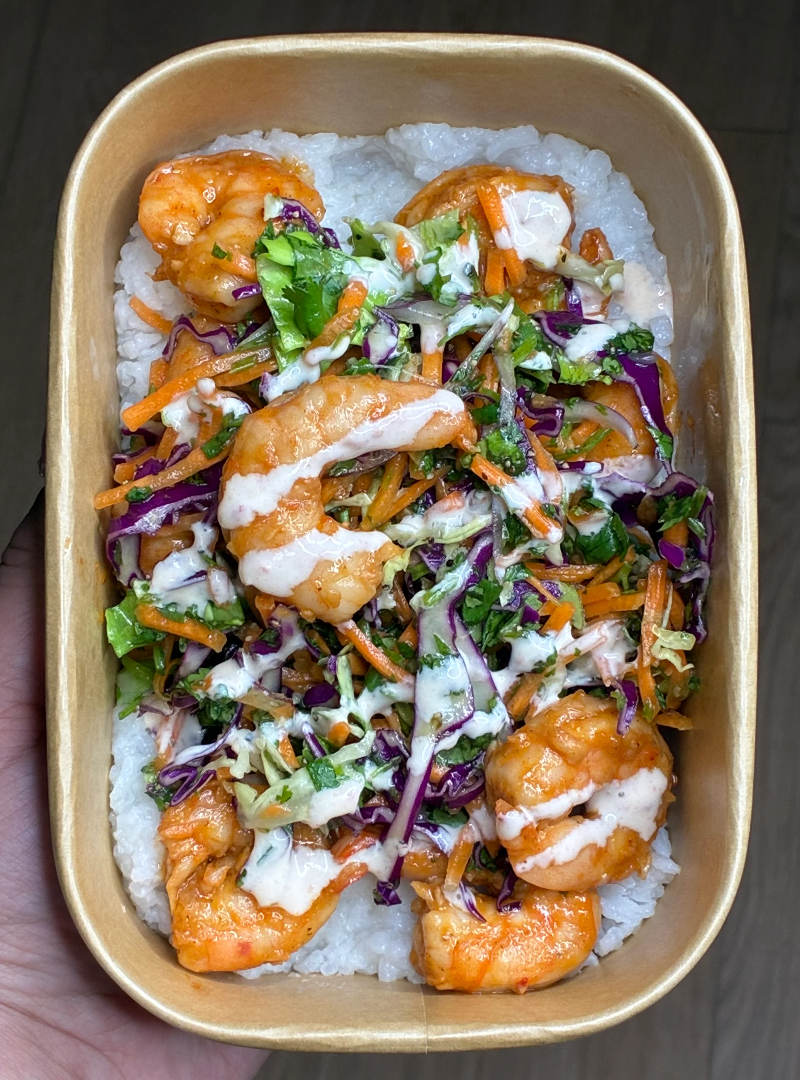 Mediterranean shrimp salad with pasta and fresh greens