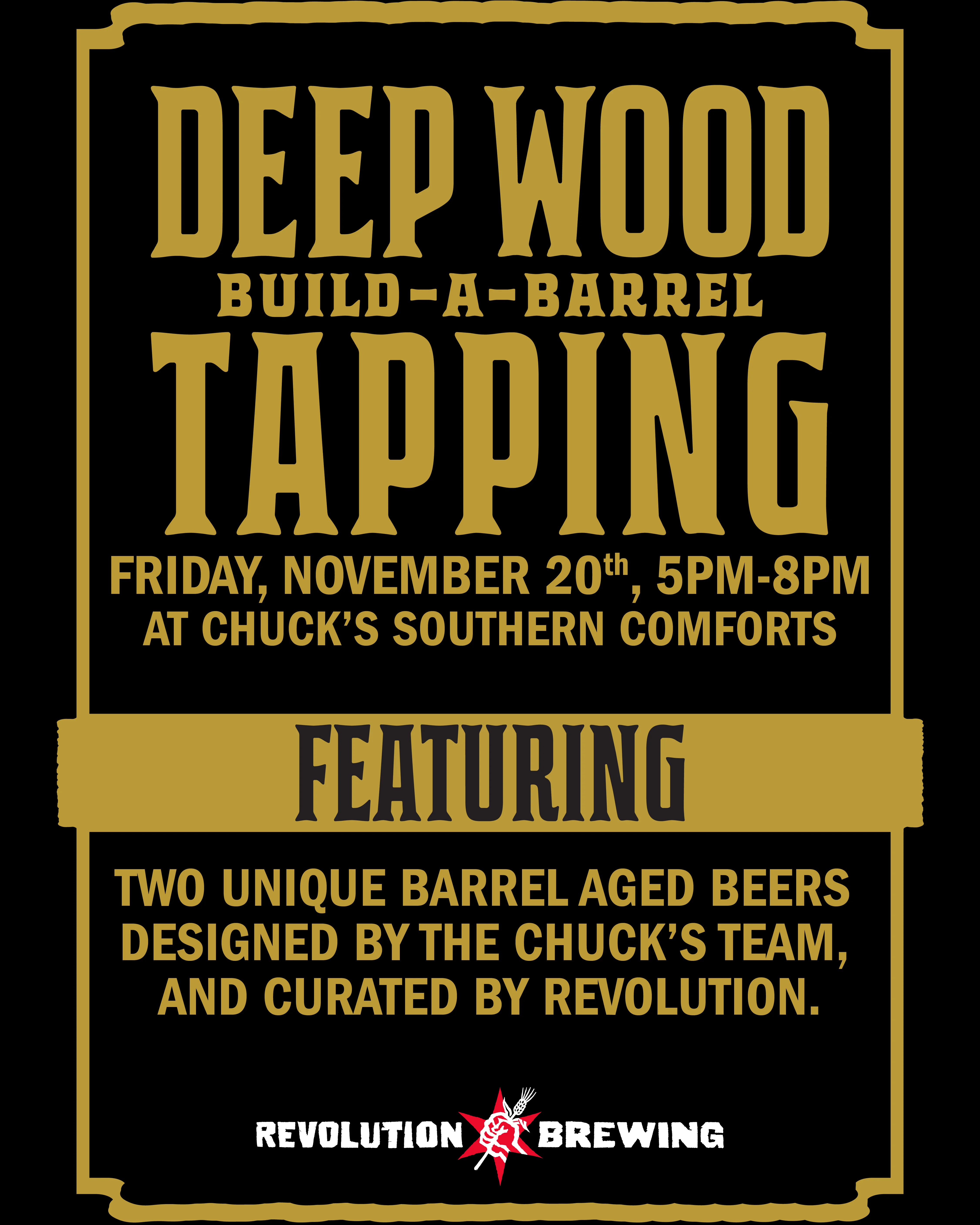 Event poster for Deep Wood beer tapping at Chuck's Southern Comforts