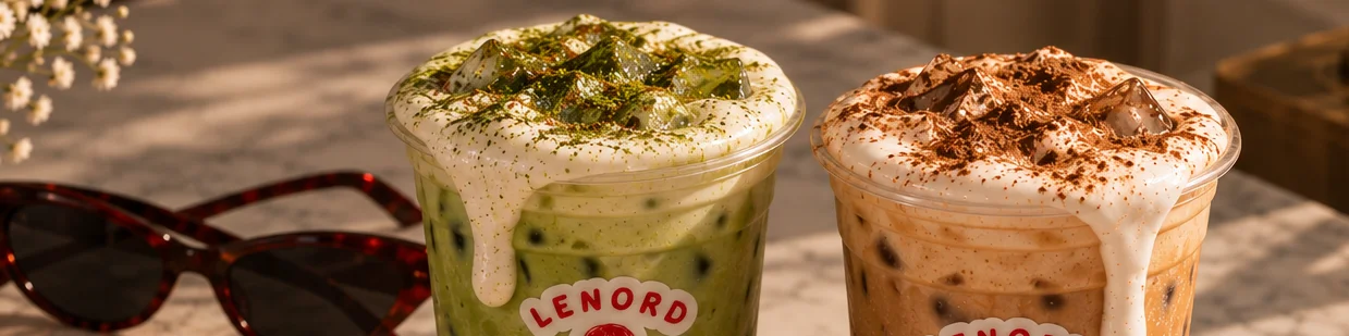 Matcha and coffee drinks with a dessert in a cozy café setting